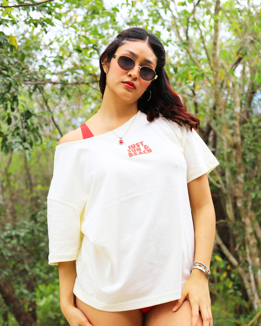 sun drip - one shoulder tee beige