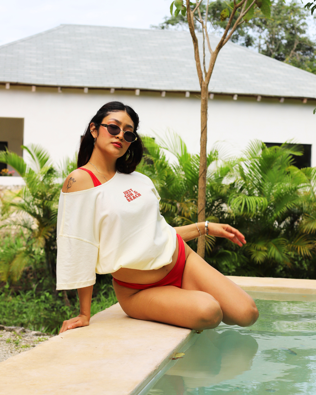 sun drip - one shoulder tee beige